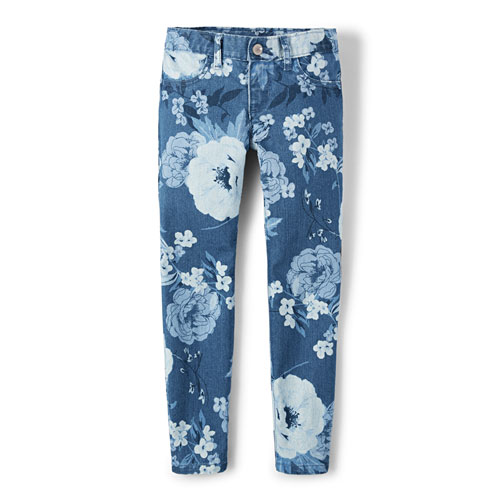 Girls Floral Print Denim Jeggings
