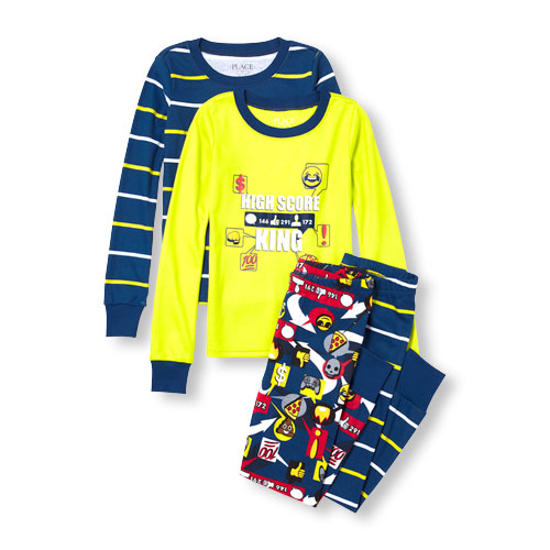 Boys Long Sleeve 'High Score King' And Striped Top And Pants 4-Piece PJ Set