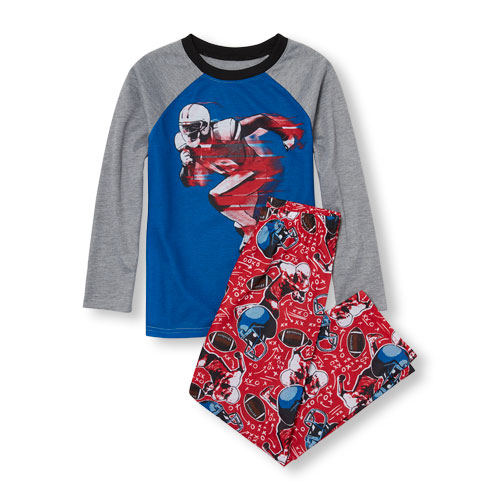 Boys Long Raglan Sleeve Football Player Top And Football Playbook Print Pants PJ Set