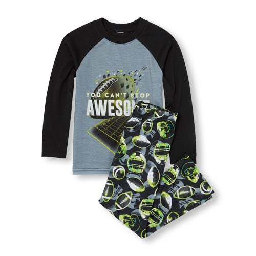 Boys Long Raglan Sleeve 'Awesome' Football Top And Football Print Pants PJ Set
