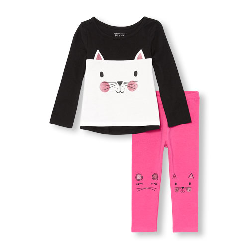 Toddler Girls Long Sleeve Glitter Cat Face Top And Leggings Set