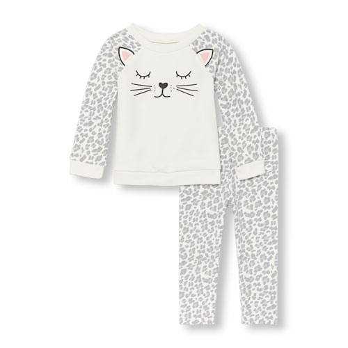 Toddler Girls Long Raglan Sleeve Leopard Face Top And Leopard Print Leggings Set