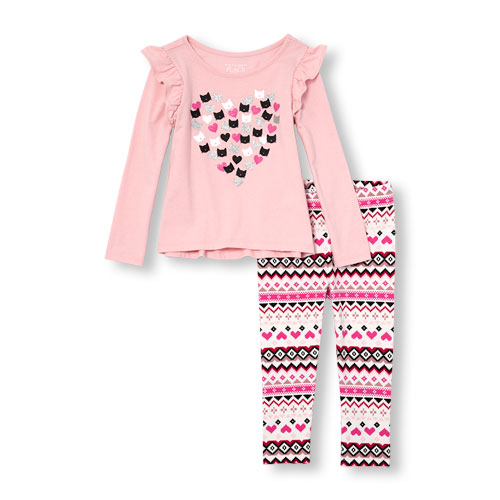 Toddler Girls Long Ruffle Sleeve Embellished Graphic Top And Printed Leggings Set