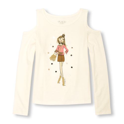 Girls Long Sleeve Embellished Graphic Cold-Shoulder Top