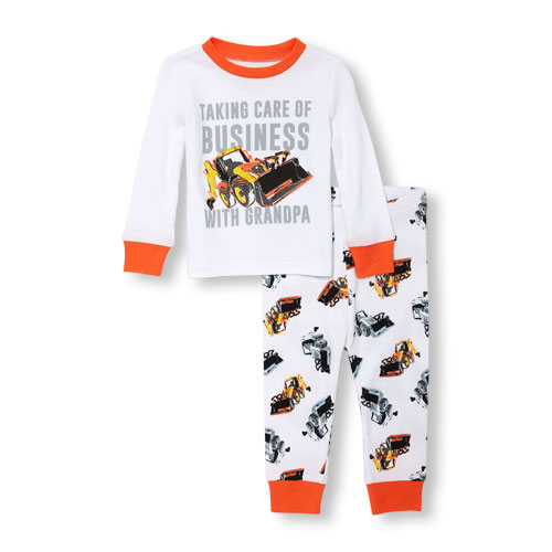 Baby And Toddler Boys Long Sleeve 'Taking Care Of Business With Grandpa' Tractor Shovel Top And Printed Pants PJ Set