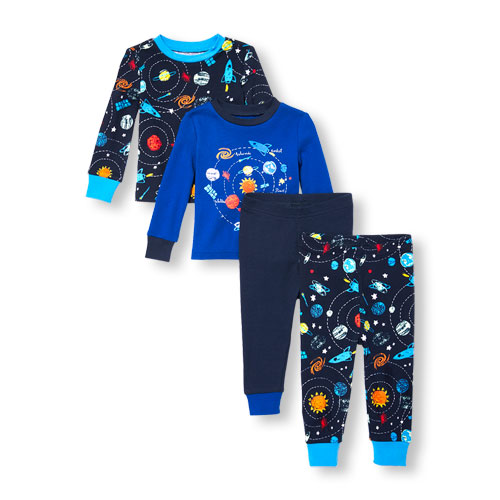 Baby And Toddler Boys Long Sleeve Glow-In-The-Dark Space Voyage Tops And Pants 4-Piece PJ Set