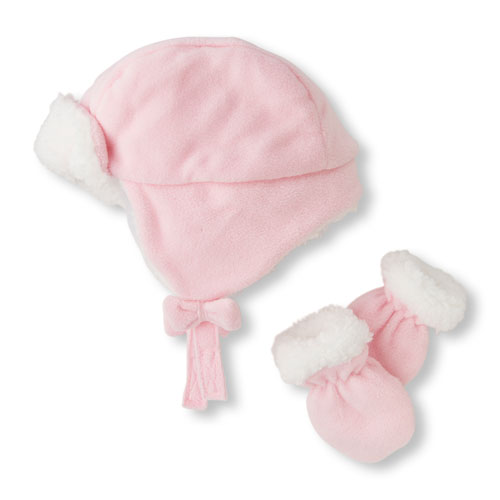 Baby Girls Faux Sherpa Trapper Hat And Mittens Set