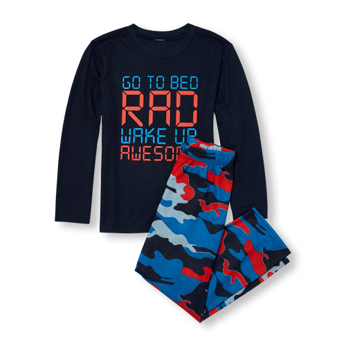 Boys Long Sleeve 'Go To Bed Rad Wake Up Awesome' Top And Camo Print Pants PJ Set