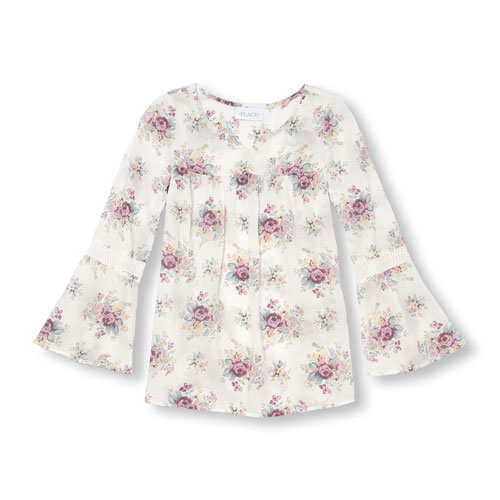 Girls Long Bell Sleeve Bouquet Print Woven Tunic