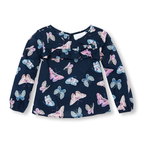 Toddler Girls Butterfly Print Ruffle Woven Top