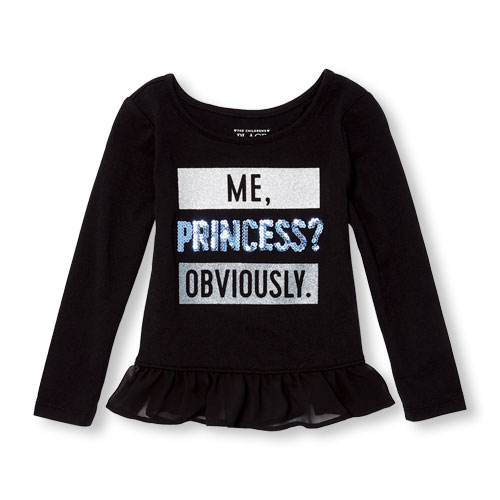 Toddler Girls Long Sleeve Embellished Graphic Chiffon Peplum Hem Top