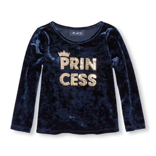 Toddler Girls Long Sleeve Embellished Graphic Velour Top