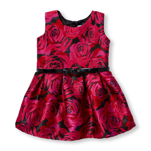 Toddler Girls Belted Rose Jacquard Dress