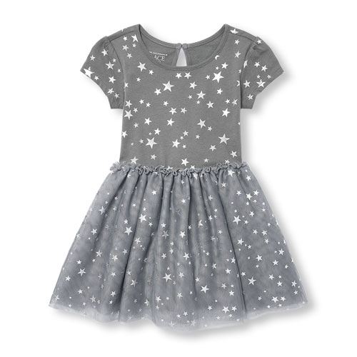 Toddler Girls Short Sleeve Foil Star Print Tutu Dress