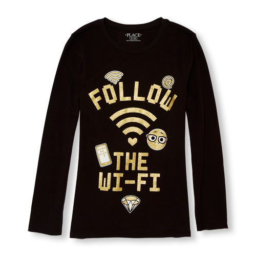 Girls Long Sleeve Glitter 'Follow The Wi-Fi' Emoji Graphic Tee