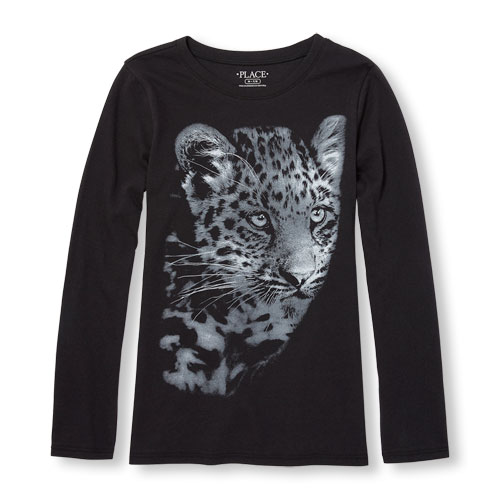 Camiseta estampada con diseño de leopardo, mangas largas, para niñas
