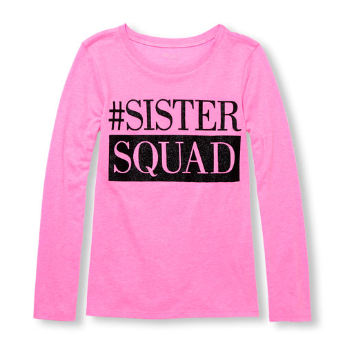 Girls Long Sleeve Glitter 'Sister Squad' Neon Graphic Tee