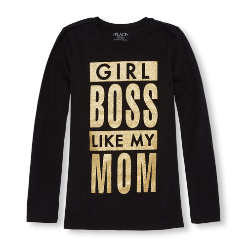 Girls Long Sleeve Glitter 'Girl Boss Like My Mom' Graphic Tee