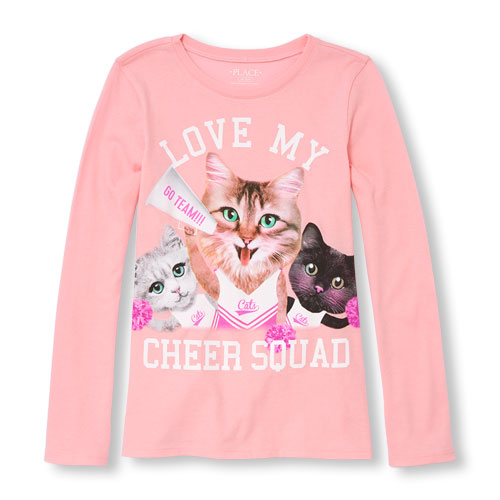 Girls Long Sleeve 'Love My Cheer Squad' Cat Graphic Tee