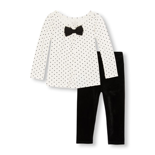 Toddler Girls Long Sleeve Polka Dot Top And Velvet Leggings Set