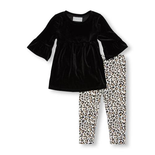 Toddler Girls Elbow Bell Sleeve Velour Top And Leopard Print Leggings Set