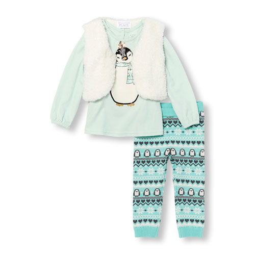 Toddler Girls Long Sleeve Embellished Penguin Graphic Top Faux Fur Vest And Fair Isle Knit Leggings Set