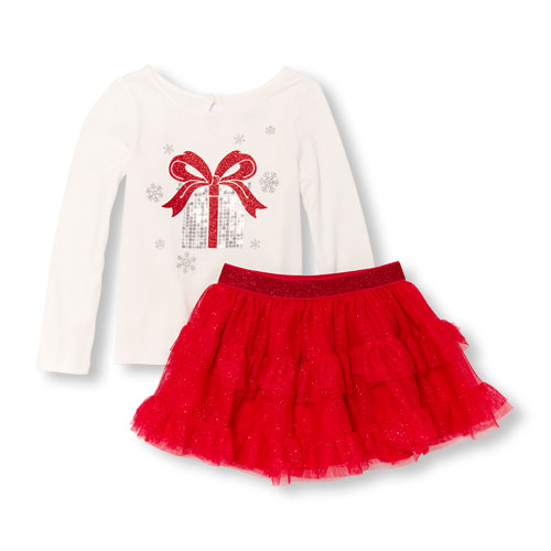 Toddler Girls Long Sleeve Embellished Present Top And Sparkle Tutu Skirt Set