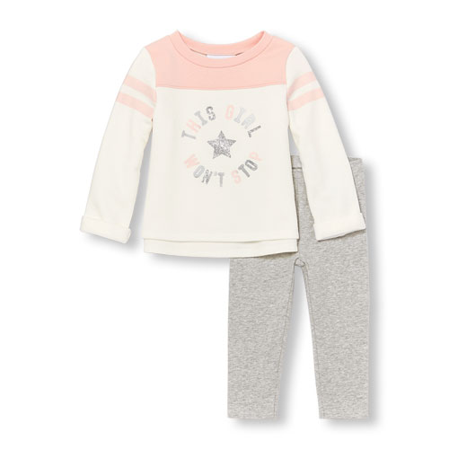 Toddler Girls Long Striped Sleeve Embellished 'This Girl Won't Stop' Fleece Top And Leggings Set