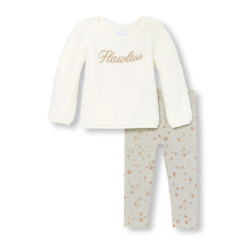 Toddler Girls Long Sleeve 'Fabulous' Faux Sherpa Top And Glitter Star Print Leggings Set