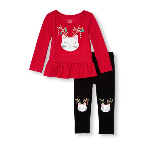Toddler Girls Long Sleeve Glitter Holiday Cat Top And Leggings Set
