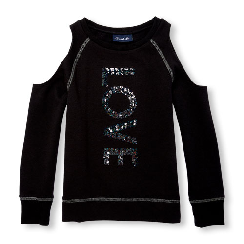 Girls Long Cold-Shoulder Embellished Graphic Fleece-Lined Pullover