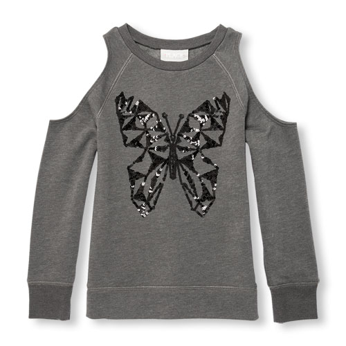 Girls Long Cold-Shoulder Embellished Graphic Fleece-Lined Pullover