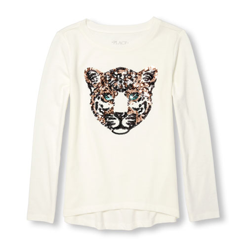 Girls Long Sleeve Sequin Graphic Hi-Low Top