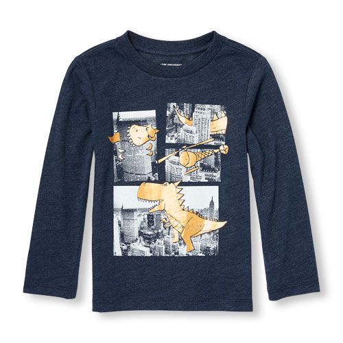 Toddler Boys Long Sleeve Metallic Dino Doodle Comic Graphic Tee
