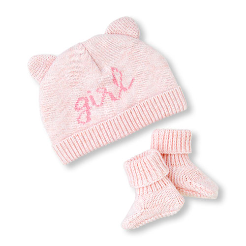Baby Girls Cat Ears 'Girl' Hat And Booties Set