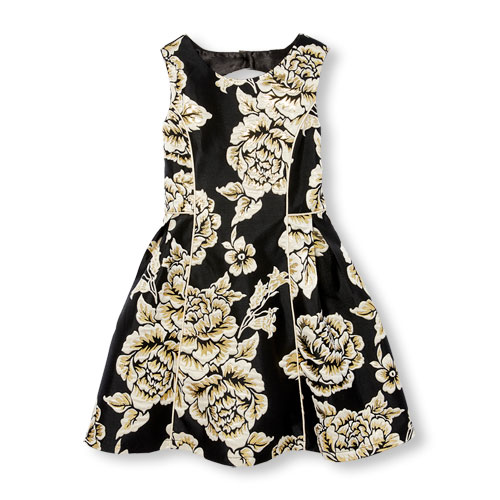 Girls Metallic Floral Jacquard Woven Dress
