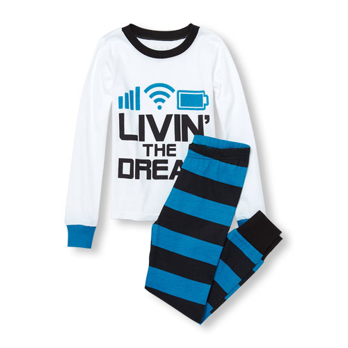 Boys Long Sleeve 'Livin' The Dream' Top And Striped Pants PJ Set