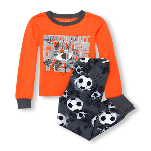 Boys Long Sleeve 'Breakout Player Of The Year' Top And Soccer Ball Print Pants Glow-In-The-Dark PJ Set