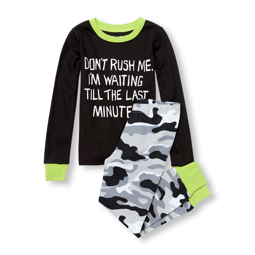 Boys Long Sleeve 'Don't Rush Me. I'm Waiting Till The Last Minute' Top And Camo Print Pants PJ Set