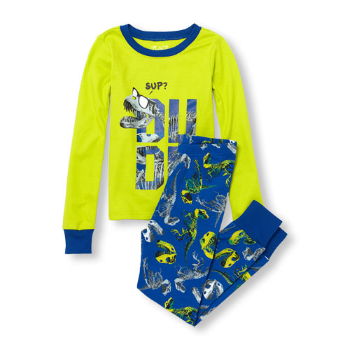 Boys Long Sleeve 'Dude' Dinosaur Skeleton Top And Pants Glow-In-The-Dark PJ Set