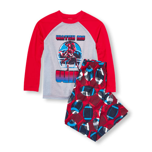 Boys Long Raglan Sleeve 'Watch Me Win' Top And Football Print Pants PJ Set