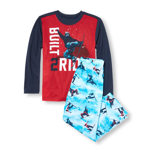 Boys Long Sleeve 'Built 2 Ride' Top And Snowboarder Print Pants PJ Set