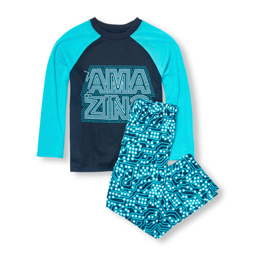 Boys Long Raglan Sleeve 'Amazing' Top And Circuit Board Print Pants PJ Set