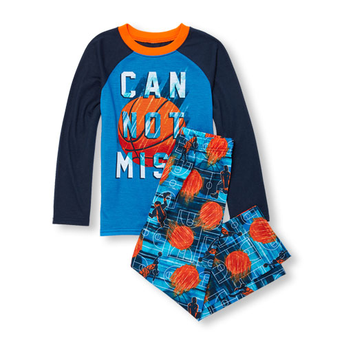 Boys Long Raglan Sleeve 'Cannot Miss' Basketball Top And Printed Pants PJ Set