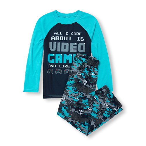 Boys Long Raglan Sleeve 'All I Care About Is Video Game And Like 2 PPL' Top And Digital Camo Print Pants PJ Set