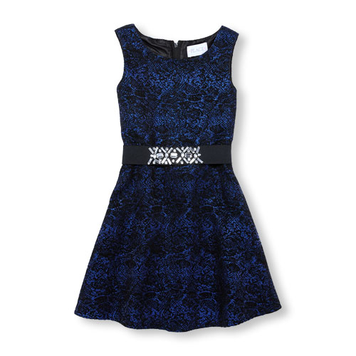 Girls Sleeveless Rhinestone Belt Jacquard Dress