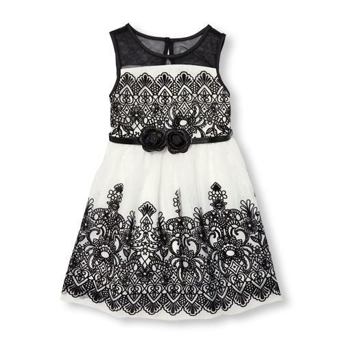 Girls Sleeveless Belted Velvet Floral Print Mesh Dress