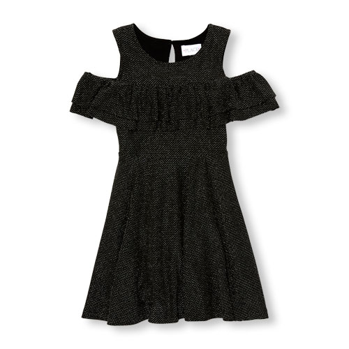 Girls Short Cold-Shoulder Sleeve Ruffle Shimmery Knit Dress