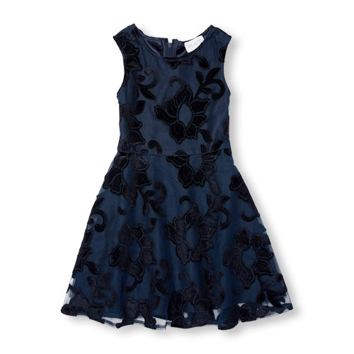 Girls Sleeveless Velvet Floral Print Mesh Dress