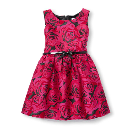 Girls Sleeveless Belted Rose Jacquard Dress